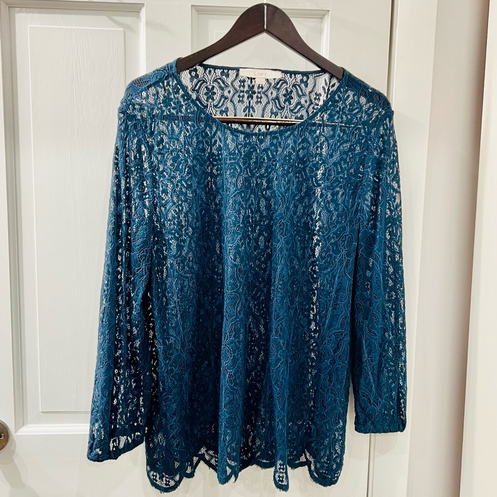LOFT |  Dark Teal Lace Scalloped Blouse - Size XL - EUC